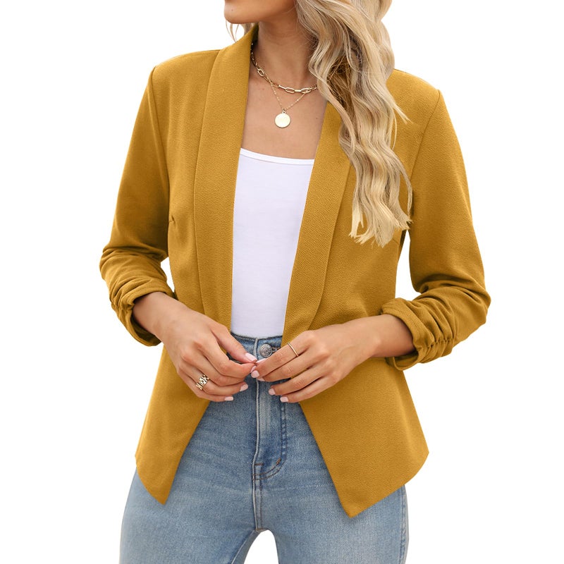 POGTMM Fall Blazers for Women Casual Jackets 3/4 Sleeve Ruched Work Office Suits (S, Mustard) - Image 2